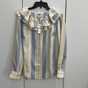 J. Crew Blue and Cream Ruffled Bib Collar Blouse